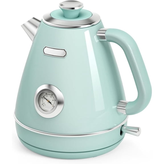 Retro Electric Kettle - 1.7 Liters / 57.5 Ounces Tea Kettle with Thermometer, All Stainless Steel, 1200 Watts Fast Boiling, BPA-free, Cordless, Automatic Shut Off - Pearl White