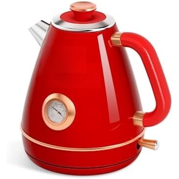 Retro Electric Kettle - 1.7 Liters / 57.5 Ounces Tea Kettle with Thermometer, All Stainless Steel, Fast Boiling 1200 W, BPA-free, Cordless, Rotational Base, Automatic Shut Off - Ruby Red