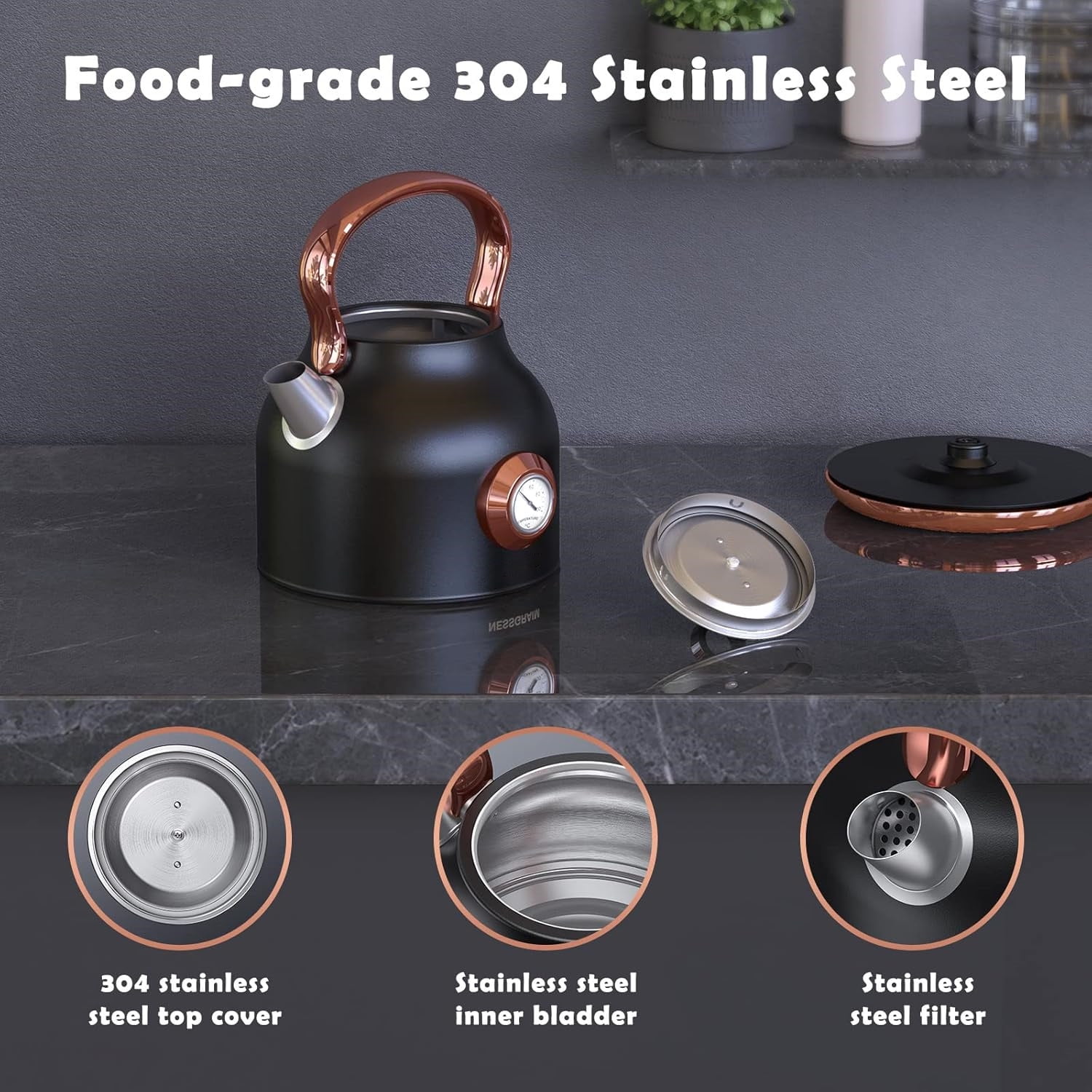 Retro Electric Kettle, 1.7L Stainless Steel Tea Kettle with Large Temperature Gauge, 1500W Fast Heating Hot Water Boiler with LED Indicator, Auto Shut-off & Boil-Dry Protection Black