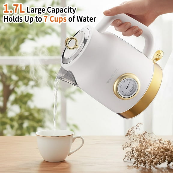 Retro Electric Kettle 1.7L Stainless Steel with Temp Gauge, 1500W Fast Boil, Auto Shut-Off, BPA-Free Matte White Gold