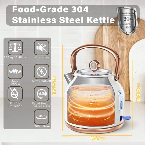 Retro Electric Kettle 1.7L Stainless Steel with Temperature Gauge 1500W Fast Heating Auto Shut-off LED Indicator