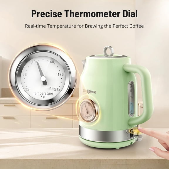 Retro Electric Kettle 1.7L with Thermometer 1500W Fast Heating Cordless LED Indicator Auto Shut-Off Boil Dry Protection