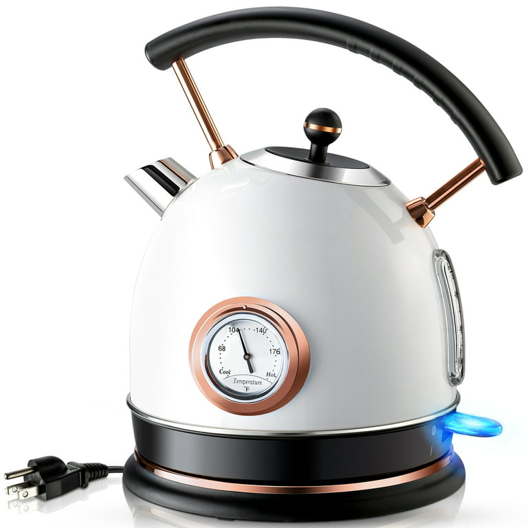 Retro Electric Kettle Stainless Steel 1.8L Tea Kettle, Hot Water Boiler  with Thermometer, Led Light, Fast Boiling, Auto Shut-Off&Boil-Dry  Protection (White) 