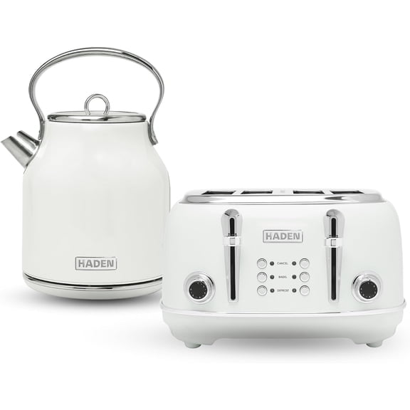 Retro Electric Tea Kettle & 4-Slice Wide Slot Toaster Set, Stainless Steel, White