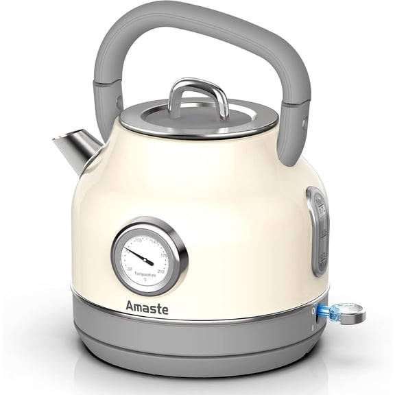 Retro Electric Tea Kettle with Thermometer 57 Oz 304 Stainless Steel 1500 W Fast Boiling Auto Shut-Off Boil Dry Protection Cream White