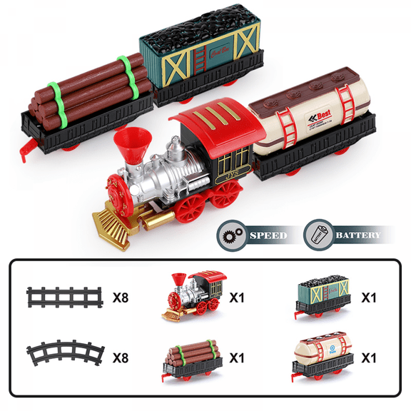 Retro Electric Train Set with Lights Under Christmas Tree, Toddler Model Transport Trains for 3 4 5 6 7 8+ Years Old Kids Birthday Gifts