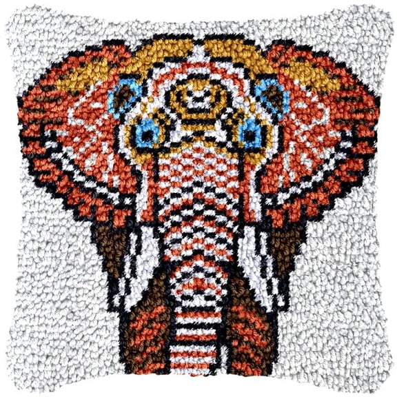 Retro Elephant Latch Hook Pillow Cover Kits for DIY Handmade Throw Pillow Cross Stitch Latch Hook Pillowcase Rug Kits with Preprinted Color Pattern Canvas Crochet Yarn Kits 17''X 17''(bs177)