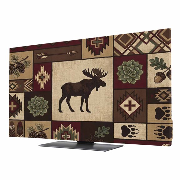 Retro Elk Boho TV Cover for 75 Inch Screen,Stretch Fabric Dustproof TV Display Protector,Vintage Cabin Ethnic Tribe Abstract Art Brown Elastic Slipcover Monitor Cover for Indoor Computer 65.4"x36.8"
