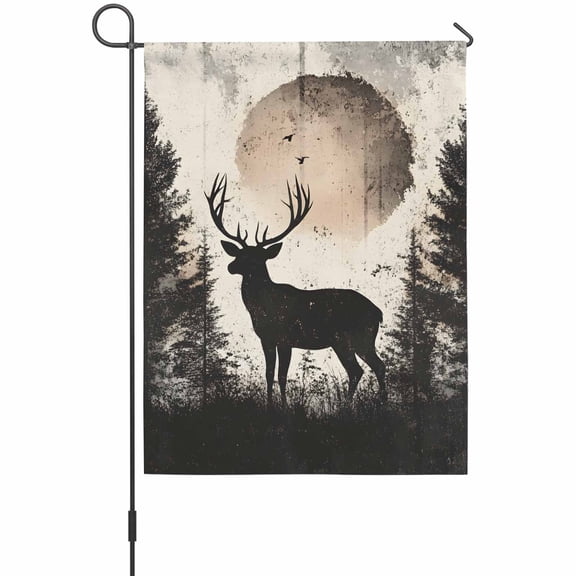 Retro Elk Garden Flag 12x18 Inch Black Elk Sunset Forest Animal Modern Art Nature Double Sided Outdoor Garden Flags Welcome House Flag Decorative Yard Flags for Outside Holiday Decoration