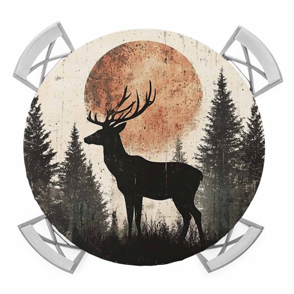 Retro Elk Oil Painting Elastic Fitted Round Table Cover Vintage Forest Sun Waterproof Outdoor Tablecloth for Holiday Party, Picnic, Patio & Dining Fits Tables Up to 45"-54"