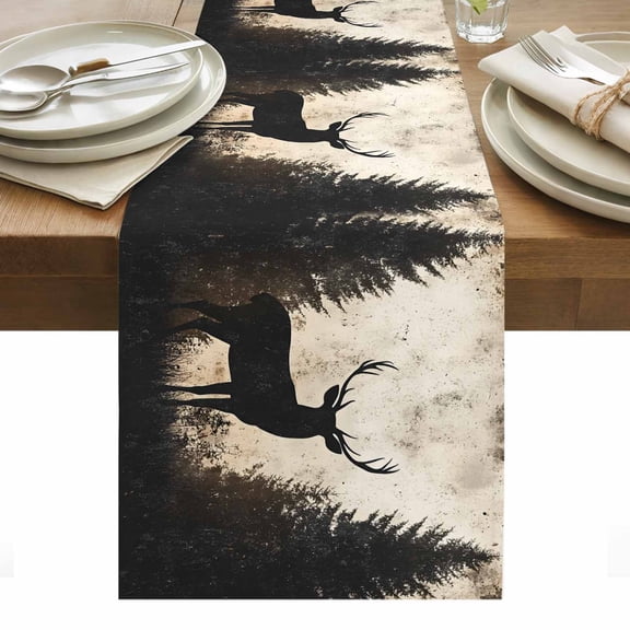Retro Elk Table Runner 13 x 48 Inch, Black Elk Modern Art Forest Animal Nature Washable Cotton Linen Dining Table Runner Tabletop Decorations for Restaurant Home Kitchen Party