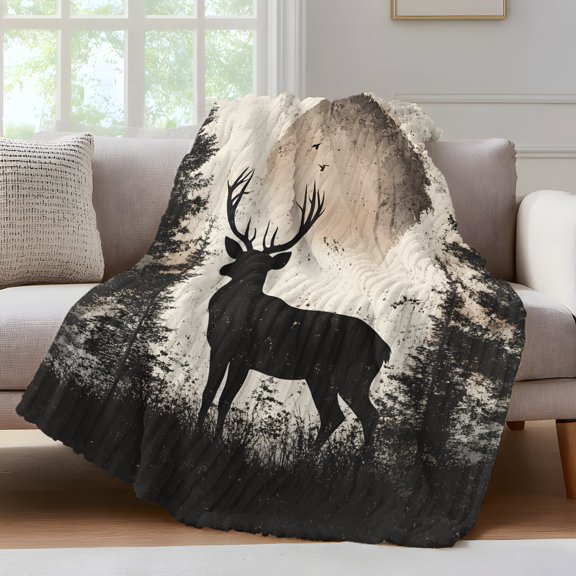 Retro Elk Throw Blanket for Couch Black Elk Sunset Forest Animal Modern Art Nature Soft and Warm Flannel 3D Striped Fluffy Fuzzy Fleece Blanket Lightweight Throw for Bed, Sofa 30 x 40 Inches