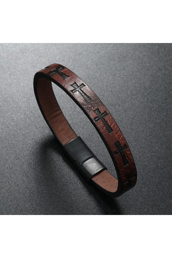 Retro Embossed Cross Leather Cuff Wristband, Adjustable Magnetic Clasp Religious Christian Bracelet