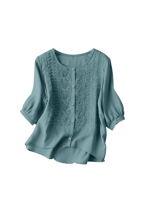 Retro Embroidered Button Down Shirts Cotton Linen Boho Peasant Trendy 3/4 Sleeve Button Shirts Embroidered Boho Gauze Shirts Plus Size Summer Gauze Casual Beach Vacation Clothes Blue Xxl