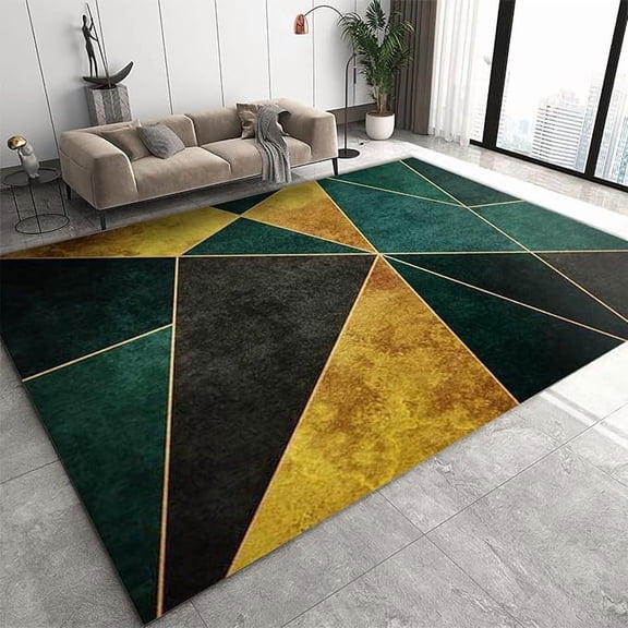 Retro Emerald Green Black Gold Area Rug, Luxury Gold Line Geometric Art Home Decor Rug, Machine Washable Breathable Durable Carpet for Room Sofa Living Room Mat Bedroom Decor 4 x 5ft