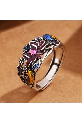 Retro Enamel Burnt Blue Hollow Lotus Carp Ring For Women Adjustable Copper Flower Design Vintage Flower Design