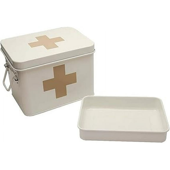 Retro Enameled First Aid Box for Medicine Storage and Home Decor with Lid and Removable Tray (White/Tan)