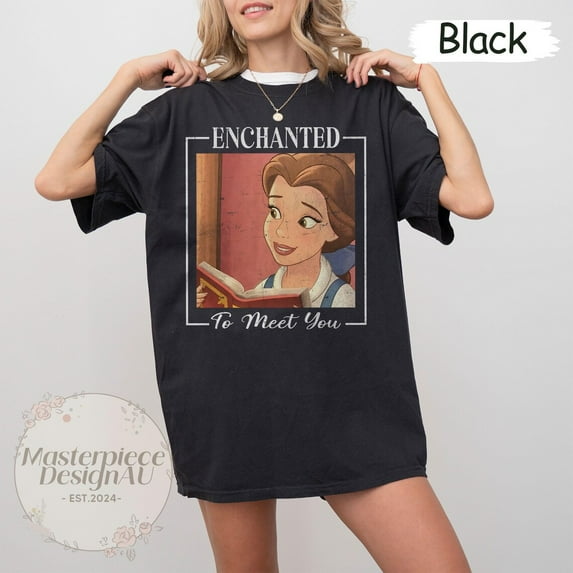 Retro Enchanted To Meet You T-Shirt, Belle Princess Inspired Shirt, Disney Princess, Disney Girls Trip 2025, Princess Birthday Girl Tee,Black Color,Size XL