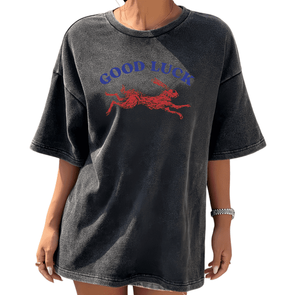 Retro Energetic Good Luck Rabbit Graphic Tees Washed Black Shirts Print Tshirt Speed Lover S-2XL Tops