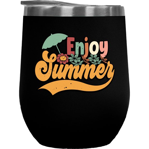 Retro Enjoy Summer, Vacation Themed, Black 12oz Wine Tumbler