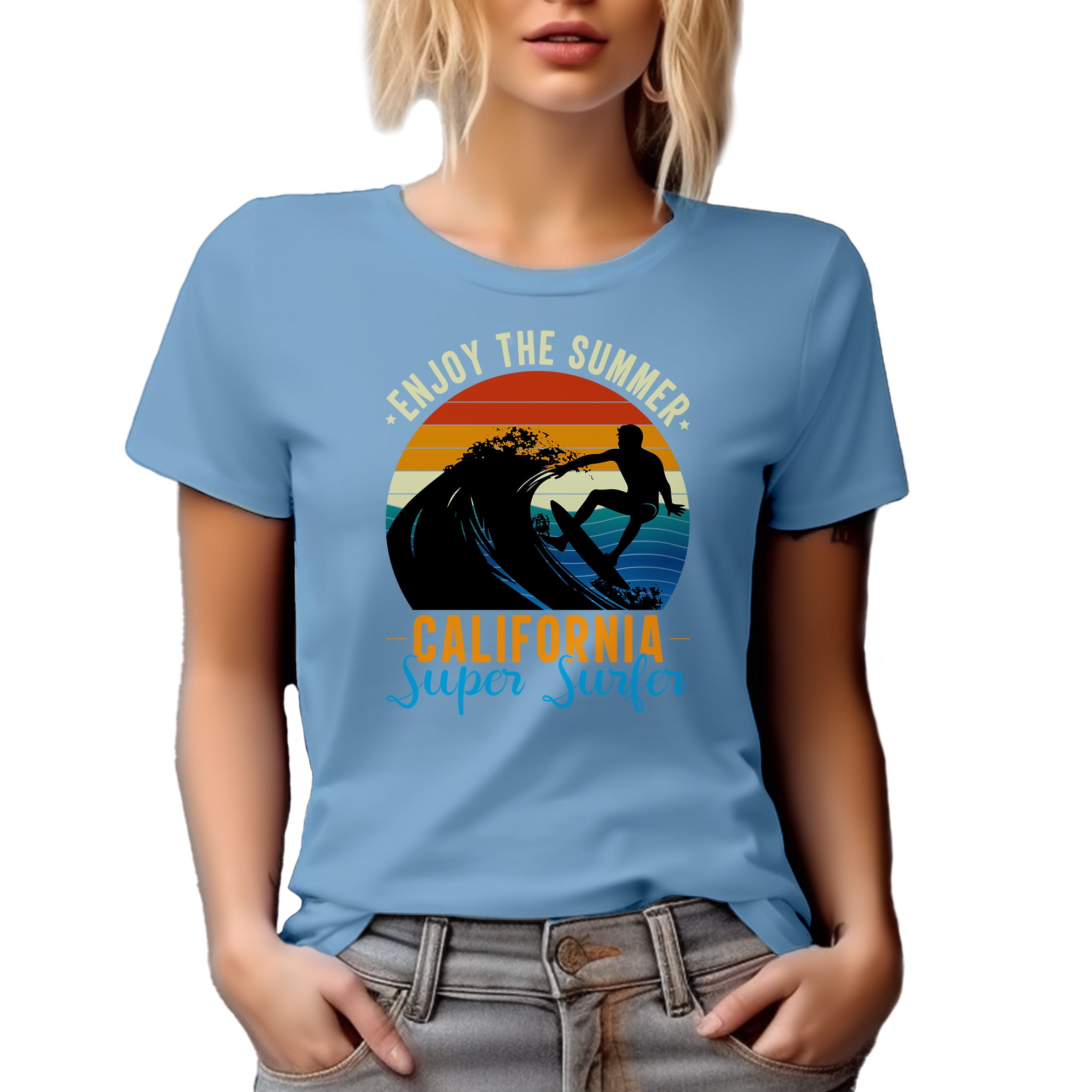 Retro Enjoy the Summer, California Super Surfer, Surfing Enthusiast, Baby Blue T-Shirt, Small