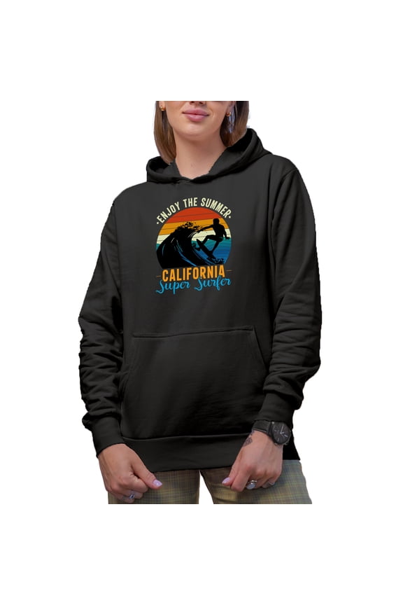 Retro Enjoy the Summer, California Super Surfer - Surfing Enthusiast, Black Hooded Sweatshirt or Hoodie, XL