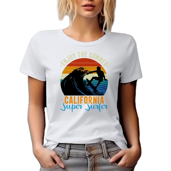 Retro Enjoy the Summer, California Super Surfer, Surfing Enthusiast, White T-Shirt, XL