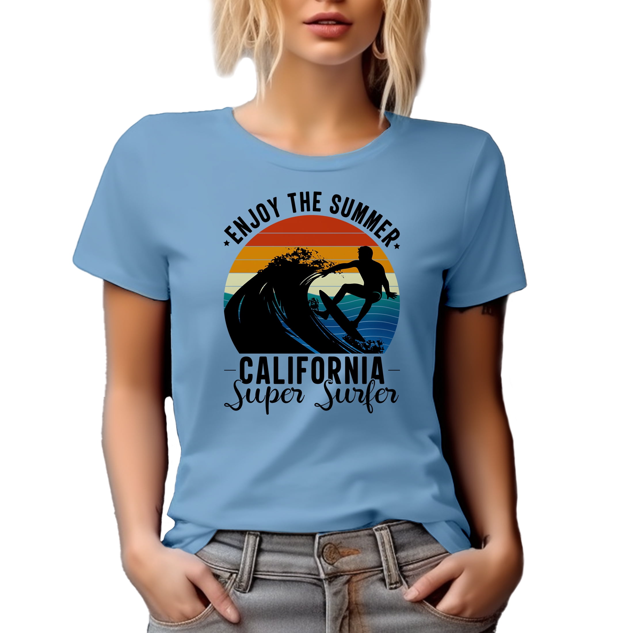Retro Enjoy the Summer, California Super Surfer, Surfing Lover, Baby Blue T-Shirt, Small