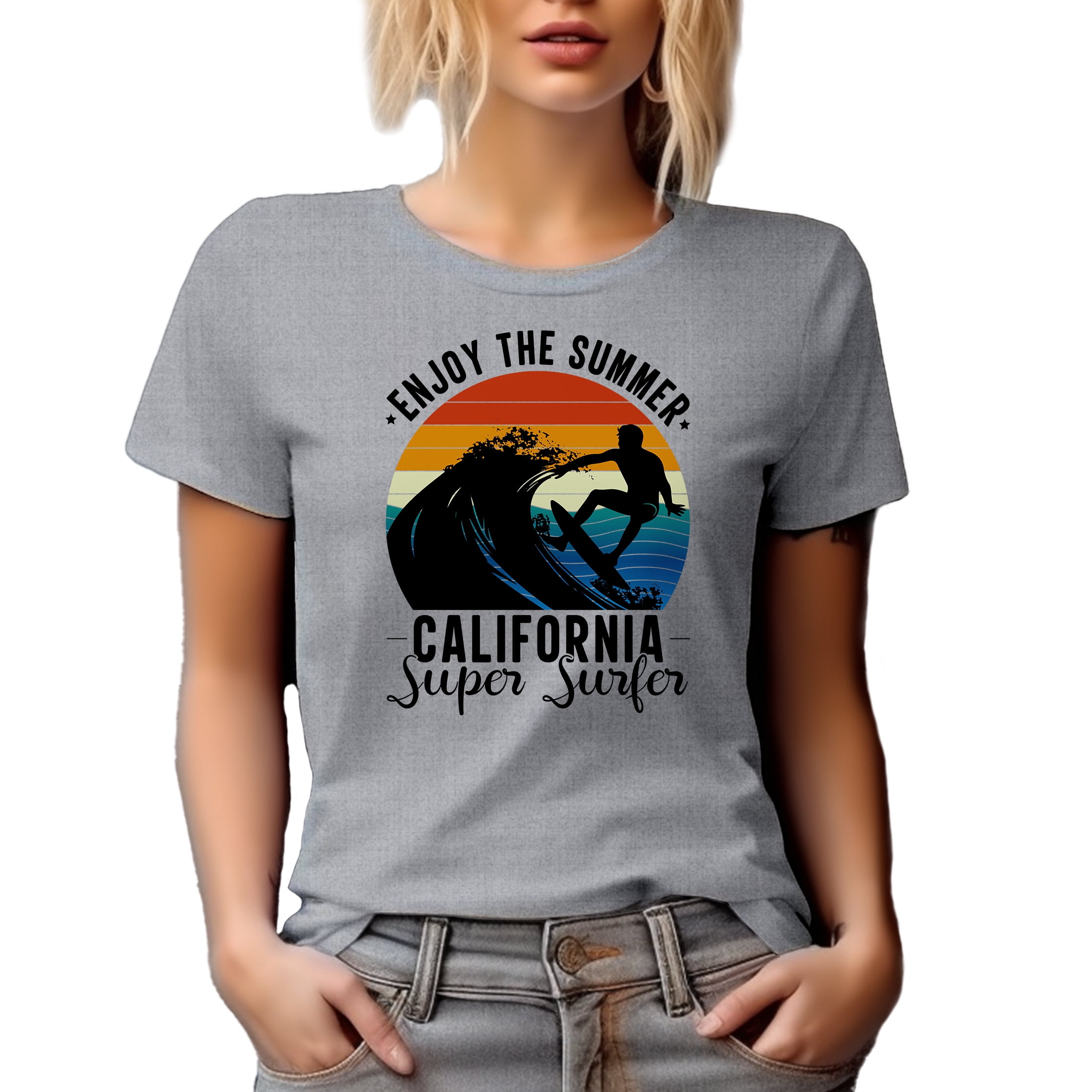 Retro Enjoy the Summer, California Super Surfer, Surfing Lover, Heather Grey T-Shirt, 2XL