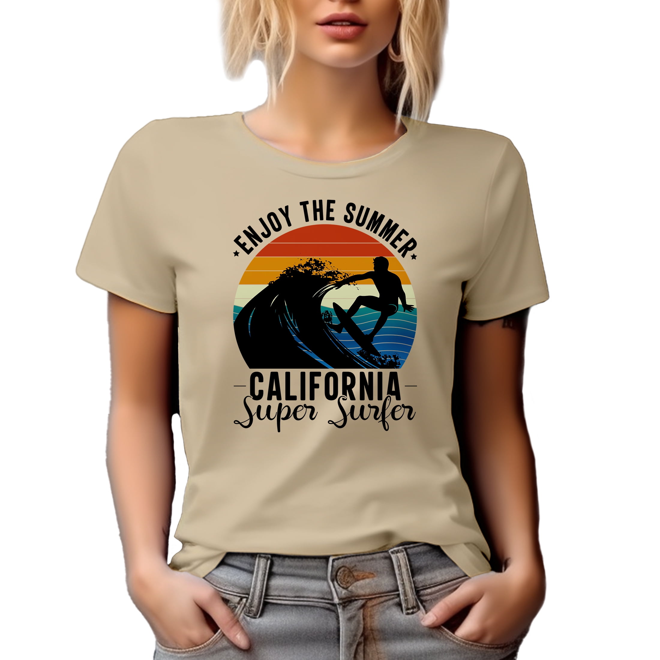 Retro Enjoy the Summer, California Super Surfer, Surfing Lover, Tan T-Shirt, Large