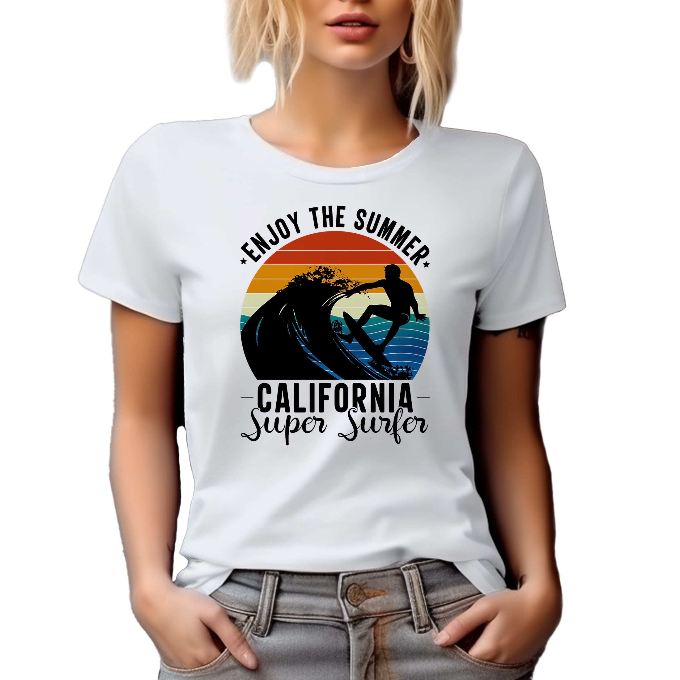 Retro Enjoy the Summer, California Super Surfer, Surfing Lover, White T-Shirt, 2XL