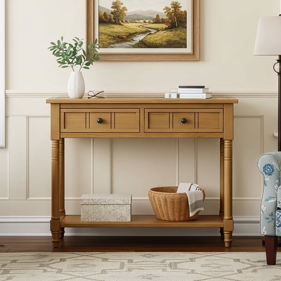 Retro Entryway Table, 35" Wood Console Table with 2 Drawers and Bottom Open Storage Shelf, Narrow Long Behind Couch Table, Suitable for Living Room, Foyer, Hallway