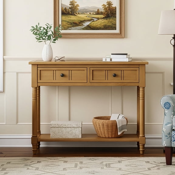 Retro Entryway Table, 35" Wood Console Table with 2 Drawers and Bottom Open Storage Shelf, Narrow Long Behind Couch Table, Suitable for Living Room, Foyer, Hallway