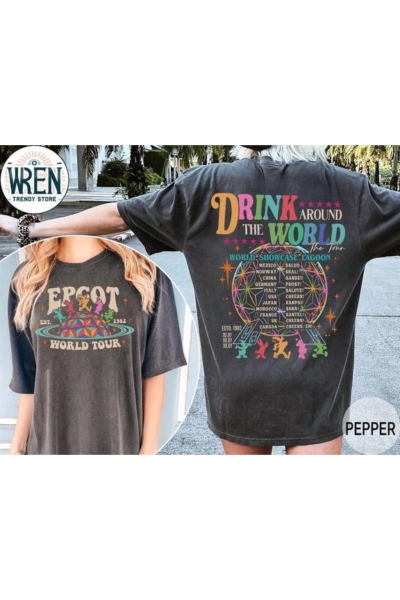 Retro Epcot Drink Around The World Comfort Color T-Shirt, Disney Epcot 1982 Two-Sided Shirt,Pepper Color,Size 3XL