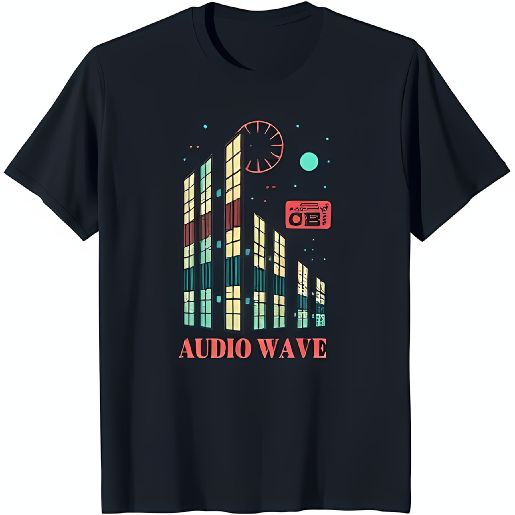 Retro Equalizer Graphic Black TShirt with Vintage Radio & 'AUDIO WAVE