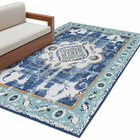 Retro Ethnic Area Rug 2.7x5ft Tribal Boho Non-Slip Washable Square Rugs Soft Felt Indoor Floor Mat for Bedroom Kitchen Living Room Bathroom