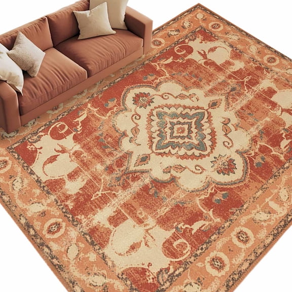 Retro Ethnic Area Rug 5x8ft Tribal Boho Non-Slip Washable Square Rugs Soft Felt Indoor Floor Mat for Bedroom Kitchen Living Room Bathroom