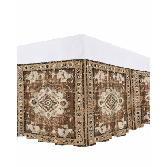 Retro Ethnic Bed Skirt Tribal Boho Brown Vintage Oriental Bed Skirts Queen Size 16 Inch Drop, Wrap Around Dust Ruffle Bedskirt with Adjustable Elastic Belt for Queen Size Beds