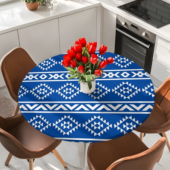 Retro Ethnic Blue White Geometric Art Round Fitted Tablecloth with Elastic Edge,Waterproof Table Cloth Fits Tables Up to 36"-44",Wipeable Table Cover for Indoor Outdoor Dinning,Tribal Native Texture