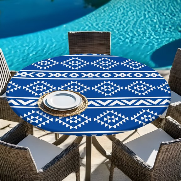 Retro Ethnic Blue White Geometric Art Round Fitted Tablecloth with Elastic Edge,Waterproof Table Cloth Fits Tables Up to 45"-54",Wipeable Table Cover for Indoor Outdoor Dinning,Tribal Native Texture