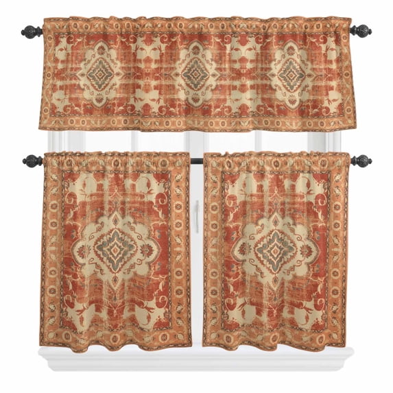 Retro Ethnic Curtain Valances Set Tribal Boho Orange Vintage Oriental Kitchen Curtains 36 inch Length Rod Pocket Valance and Tiers 3 Piece Set Small Bedroom Bathroom Laundry Decor