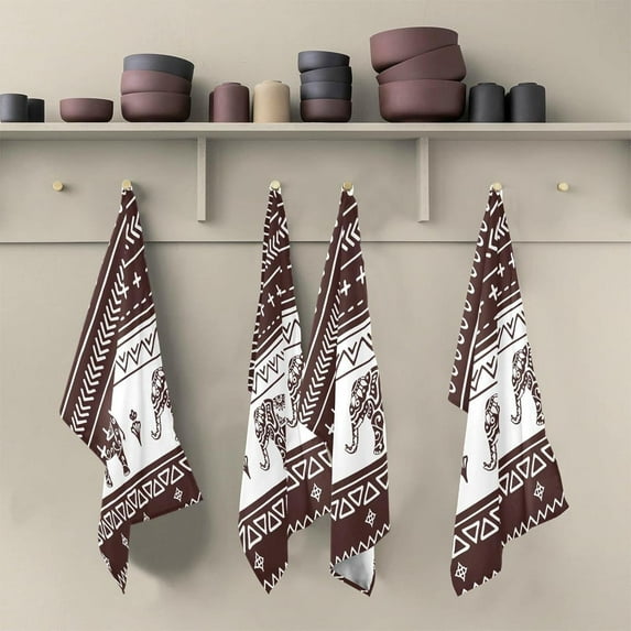 Retro Ethnic Elephant Tea Towels Set of 6 Inidan Kitchen Dish Cloth with Hanging Loop, 18"x28"Lint-Free Absorbent Towel for Kitchen Drying Wiping and Cleaning