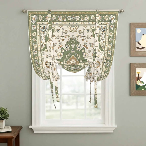 Retro Ethnic Floral Tie Up Curtain 45 Inches Long, Vintage Green Classical Bohemian Style Balloon Style Kitchen Window Curtain Over Sink, Small Window Rod Pocket Curtain 34"x45"