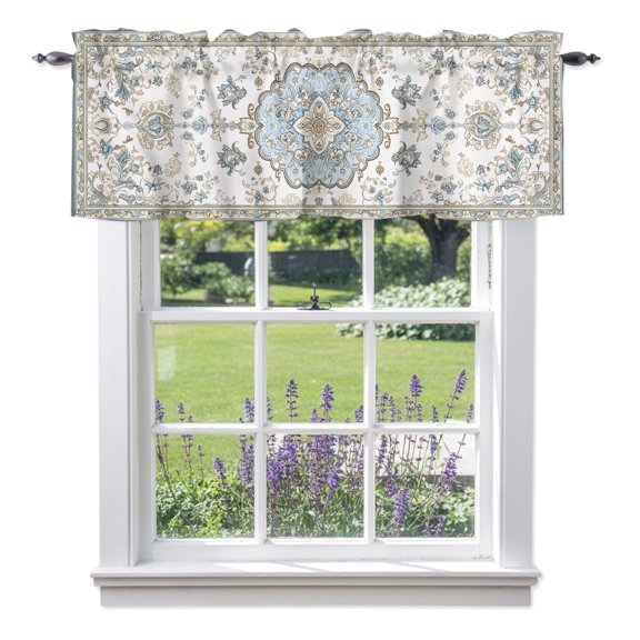 Retro Ethnic Floral Valances for Windows,Kitchen Valance Rod Pocket Short Curtain, Pattern Border Valance Curtain Window Valances for Bedroom Bathroom Living Room 42x12in
