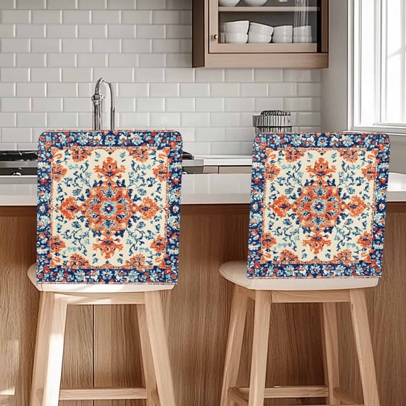Retro Ethnic Leaves Chair Covers Set of 4 Flowers Orange Blue Texture Chair Back Covers Stretch Removable Washable Slipcovers Protector for Dining Room Kitchen Party Decor