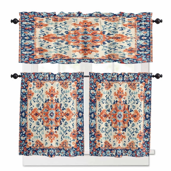 Retro Ethnic Leaves Kitchen Curtains Valances and Tiers Set of 3, 24 Inch Length Tier Curtains and Valance Rod Pocket Valance Curtains Set for Kitchen Bathroom Small Windows