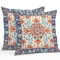 Retro Ethnic Leaves Outdoor Pillow Covers Pack of 2 Flowers Orange Blue Texture Waterproof Throw Pillow Covers Decorative Cushion Cases for Patio Garden Tent Balcony Couch 18x18 inch