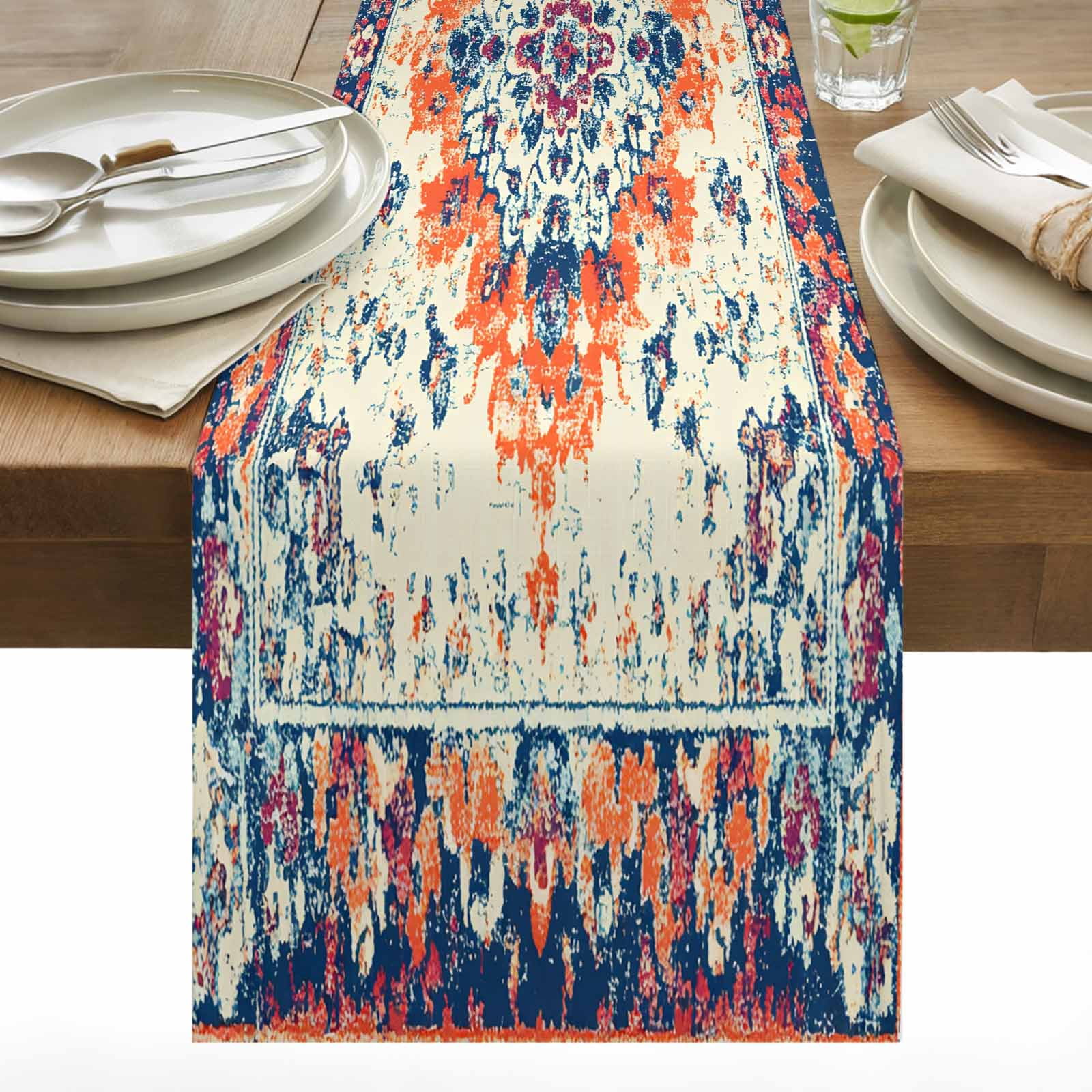 Retro Ethnic Pattern Table Runner 13x90 inch Vintage Orange Blue Floral ...