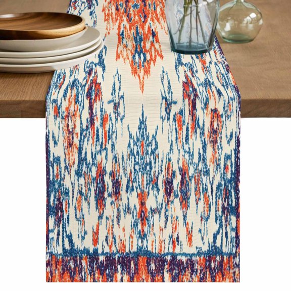 Retro Ethnic Pattern Table Runner, Orange Blue Floral Texture Cotton Linen Kitchen Table Decoration Washable Dining Tabletop Runners for Home Party Decor 13x36 Inches
