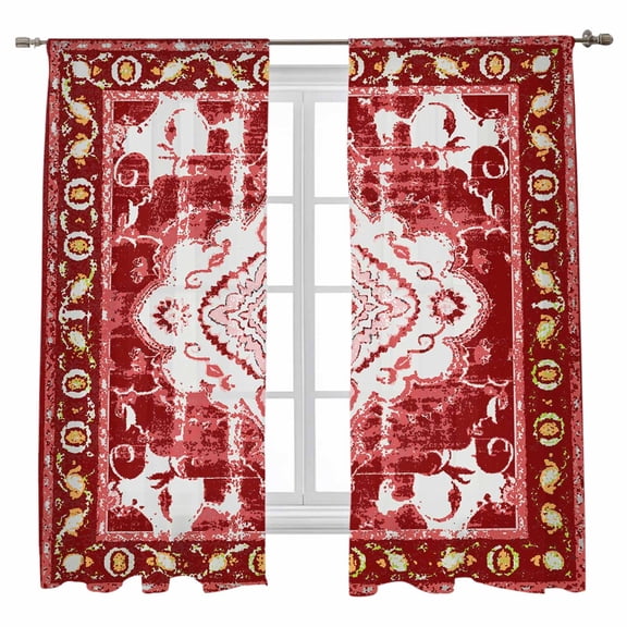 Retro Ethnic Sheer Curtains 63 inches Long, Tribal Boho Red Vintage Oriental Light Filtering Sheer Window Curtains Rod Pocket Voile Drapes for Bedroom Living Room, 52"W x 63"L 2 Panels